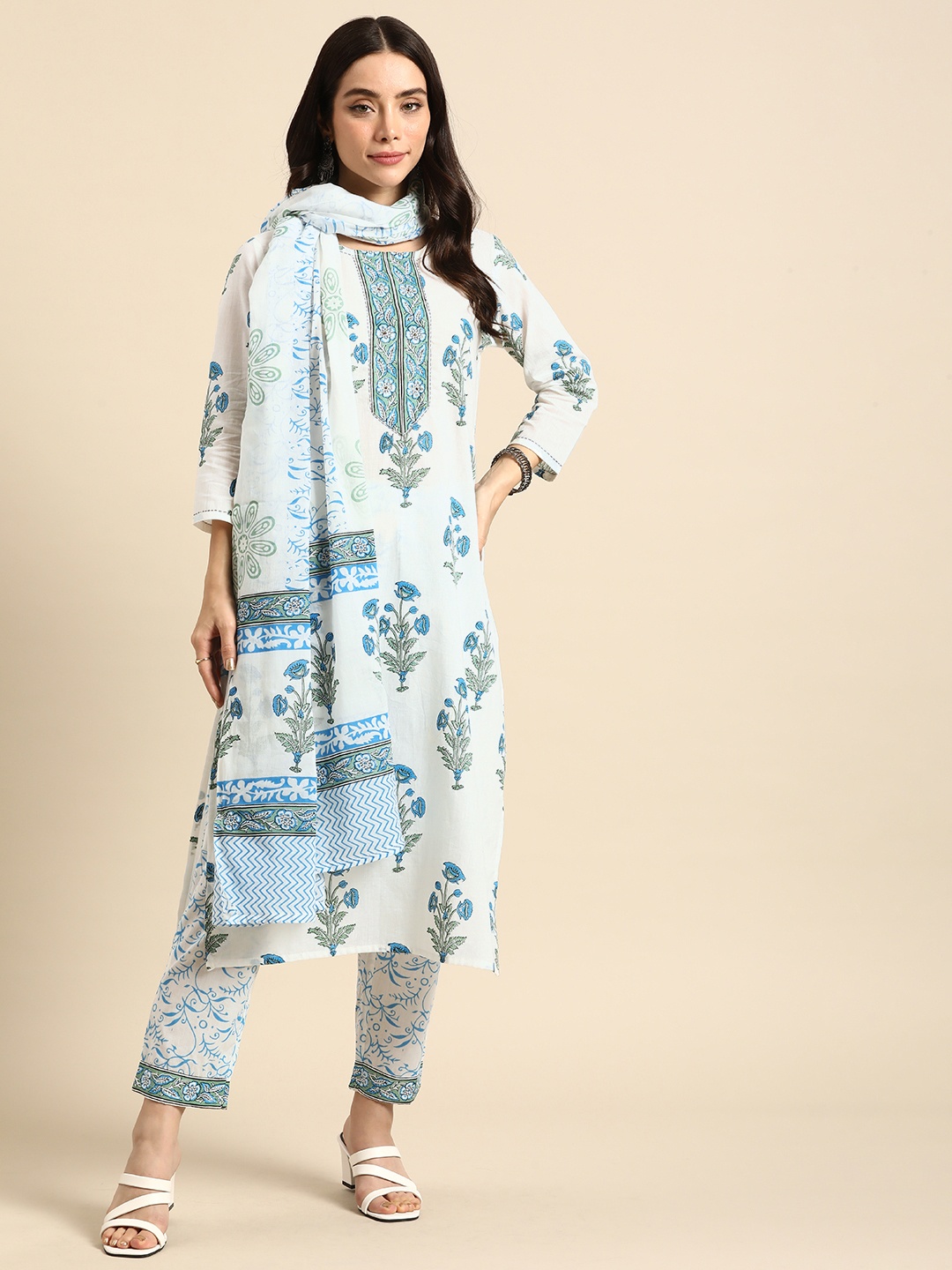 

Anouk Women Floral Printed Regular Pure Cotton Kurta with Trousers & Dupatta, White