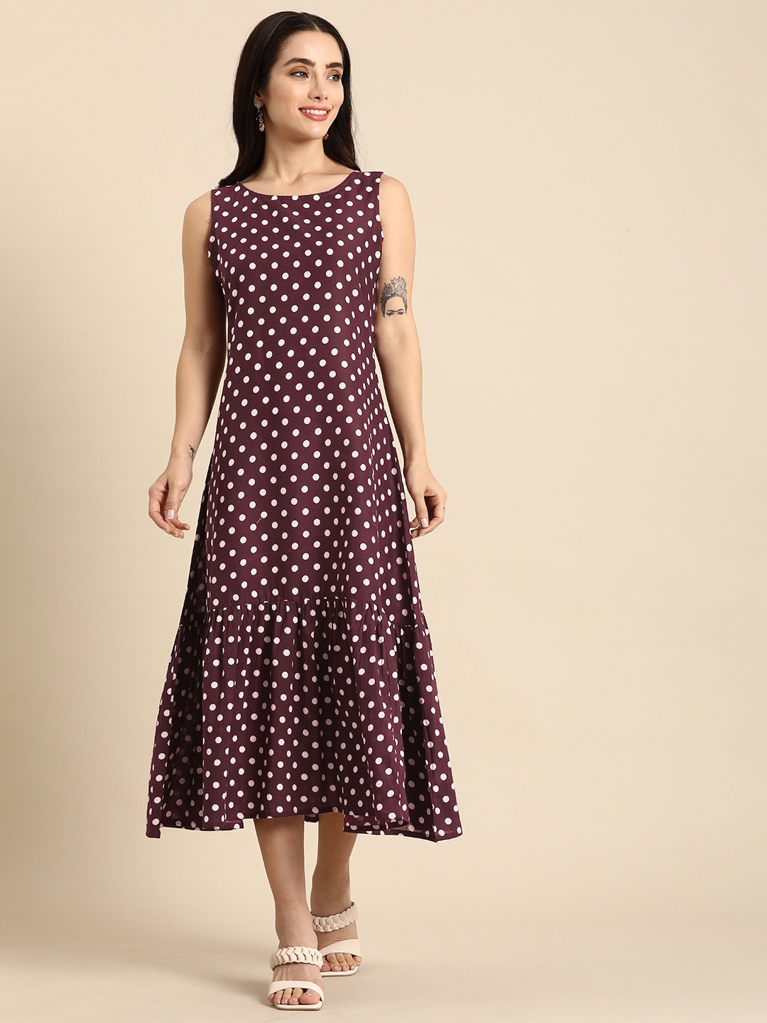 

Anouk Polka Dot Print A-Line Midi Dress, Maroon