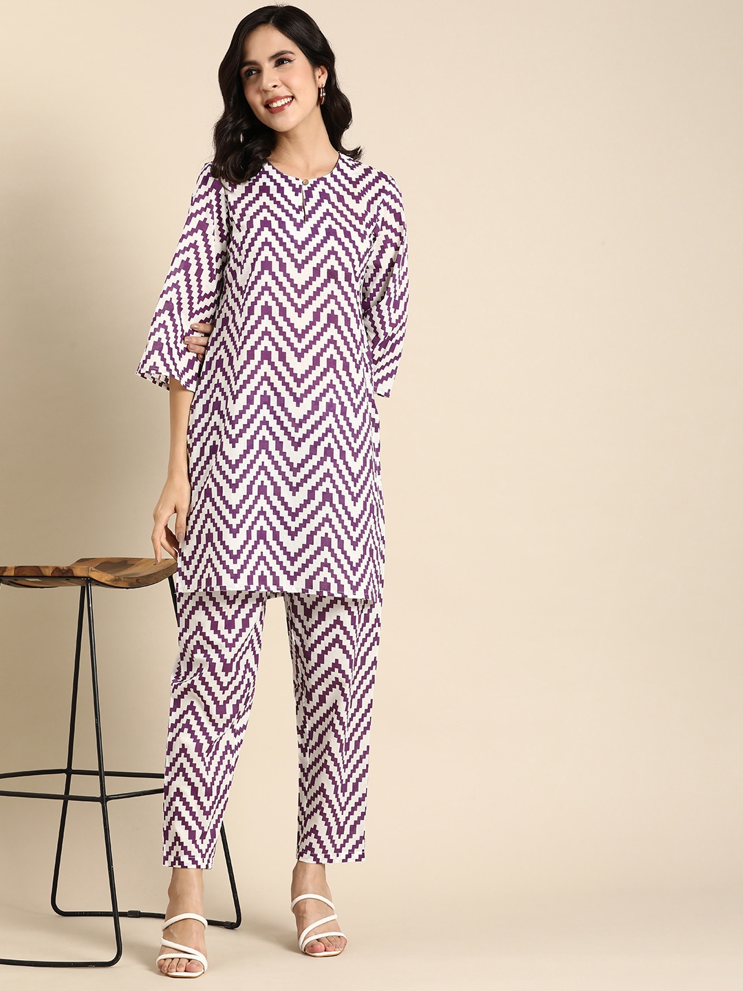

Anouk Women Printed Regular Pure Cotton Kurta with Trousers, White