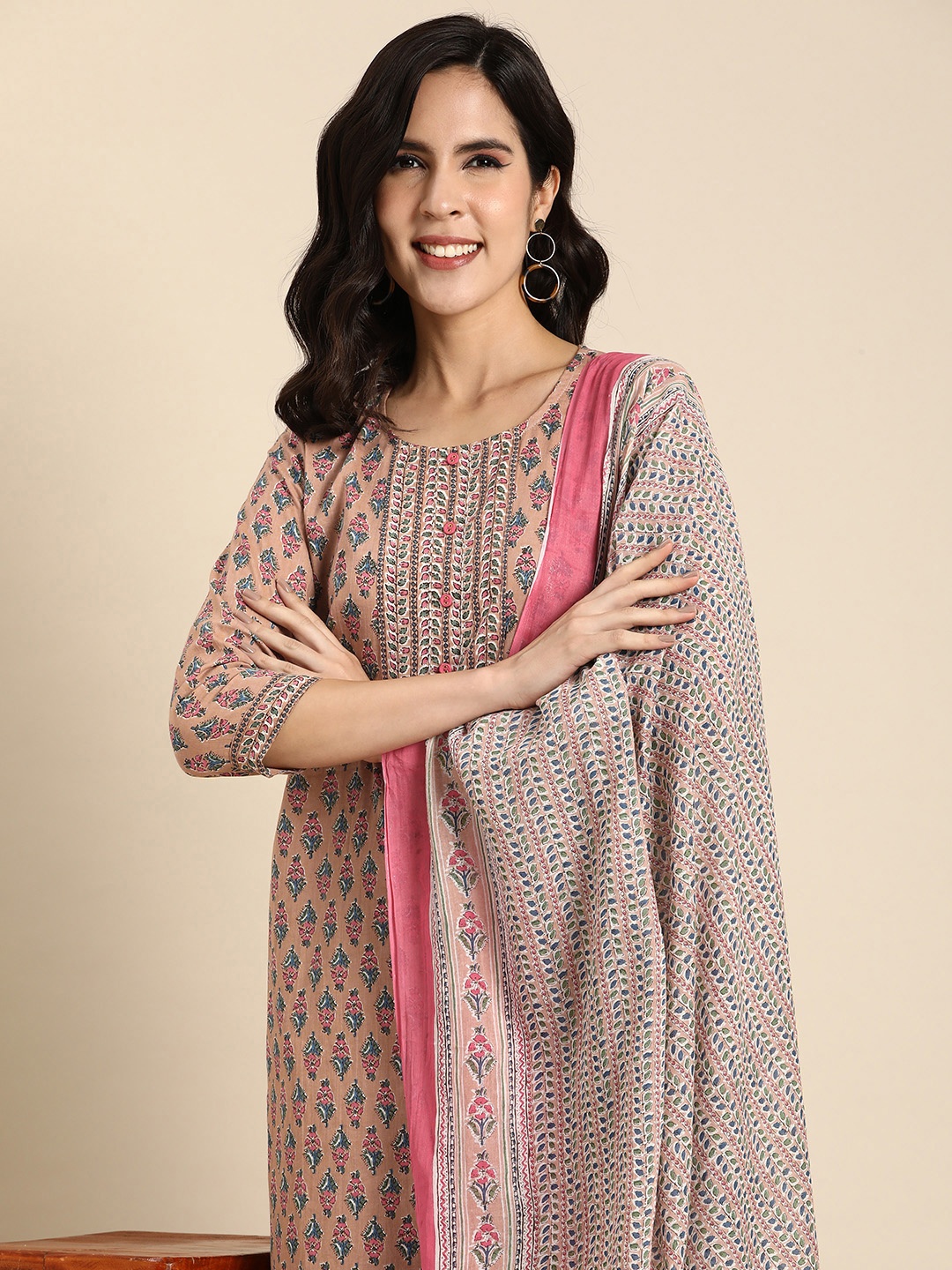 

Anouk Women Floral Printed Regular Pure Cotton Kurta with Trousers & With Dupatta, Peach