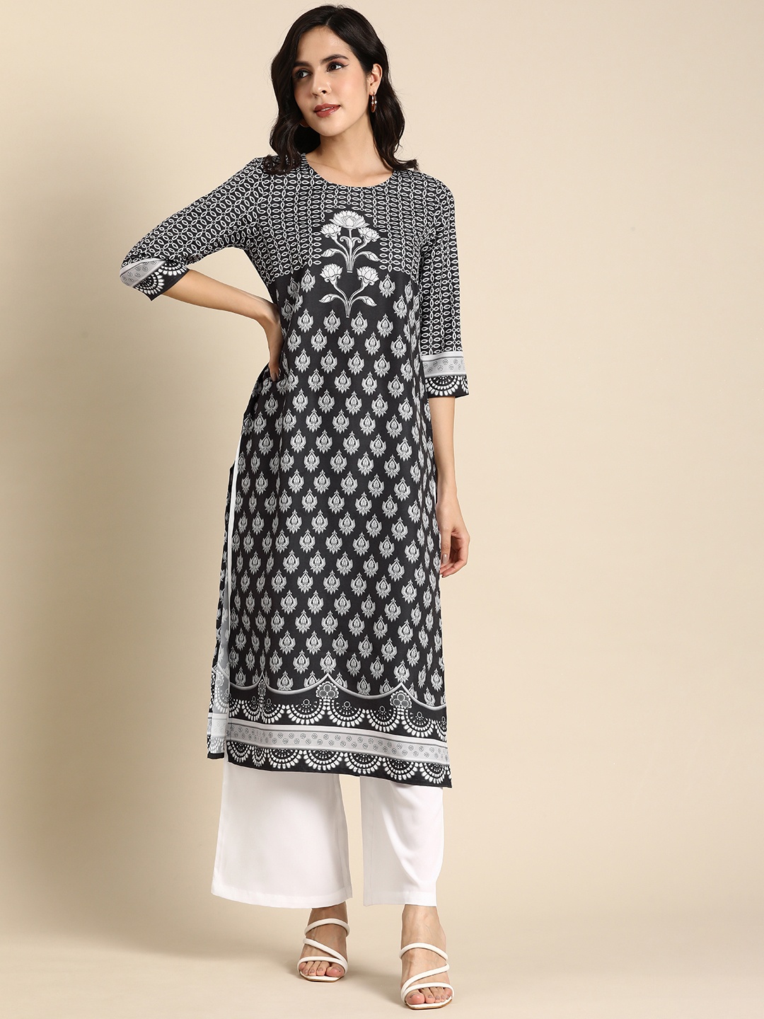 

Anouk Women Ethnic Motifs Printed Regular Pure Cotton Kurta with Palazzos, Grey