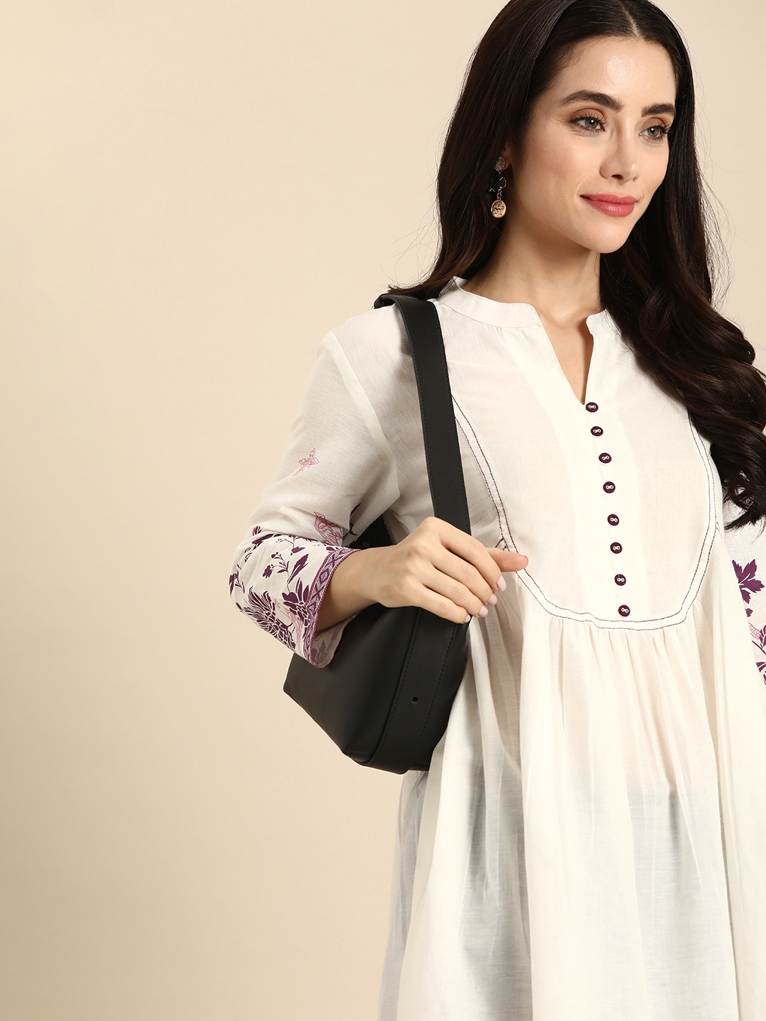 

Anouk Floral Printed Pure Cotton Pleated Detail Longline A-Line Top, White