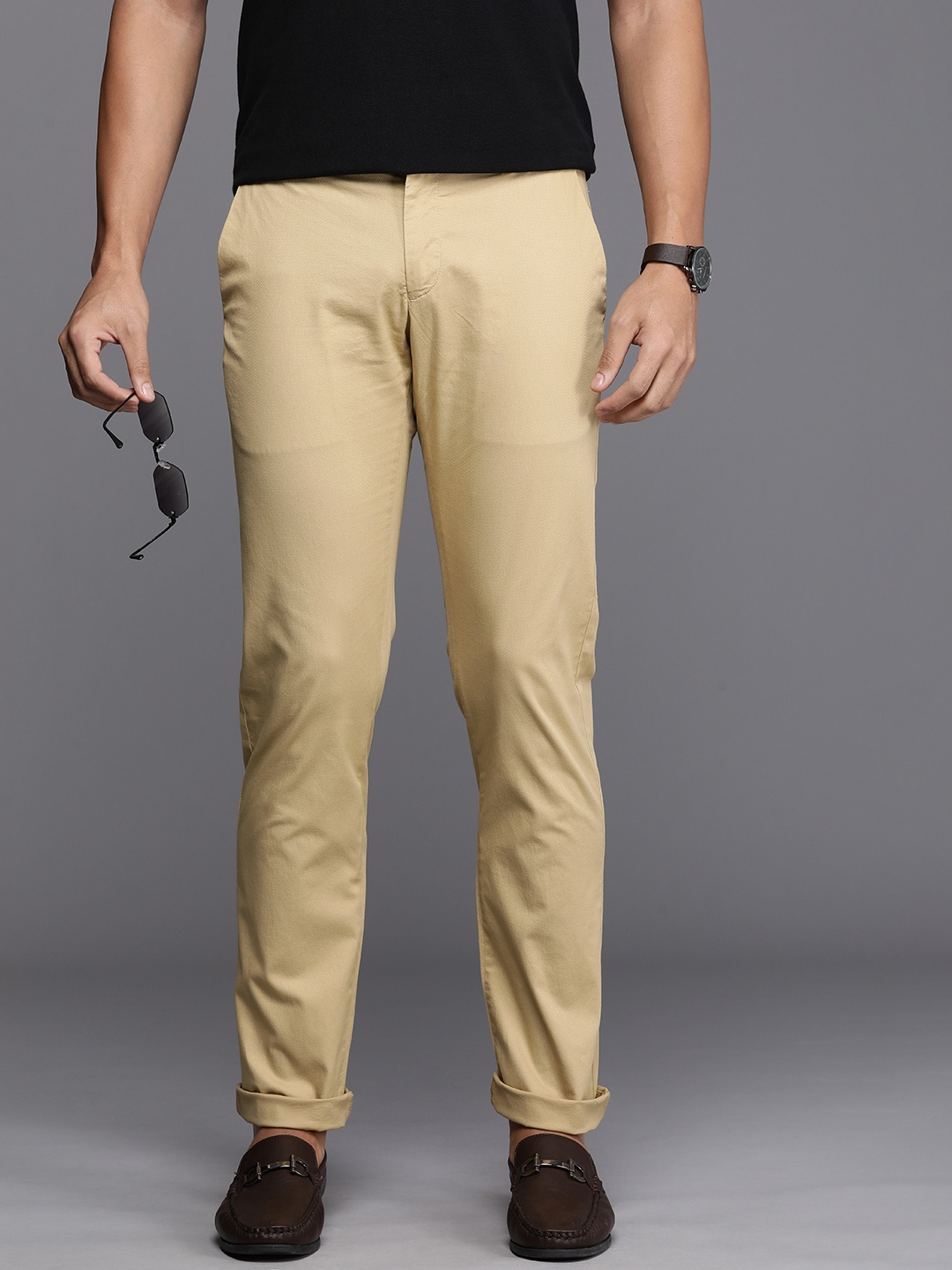 

Allen Solly Men Textured Slim Fit Trousers, Khaki