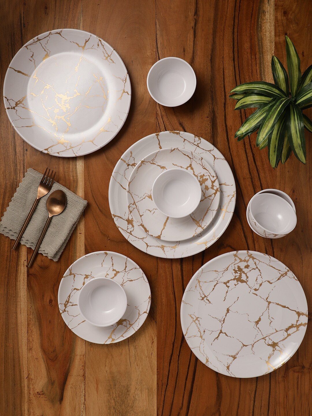 

CDI White & Gold-Toned 13 Pieces Marble Printed Melamine Glossy Dinner Set