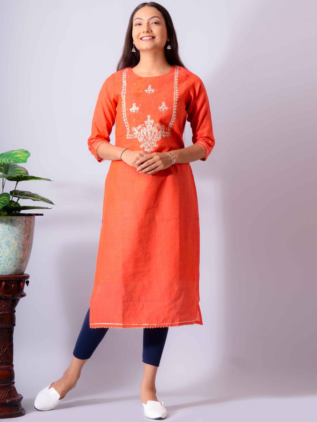

NAYRA Ethnic Motifs Yoke Design Thread Work Silk Kurta, Orange