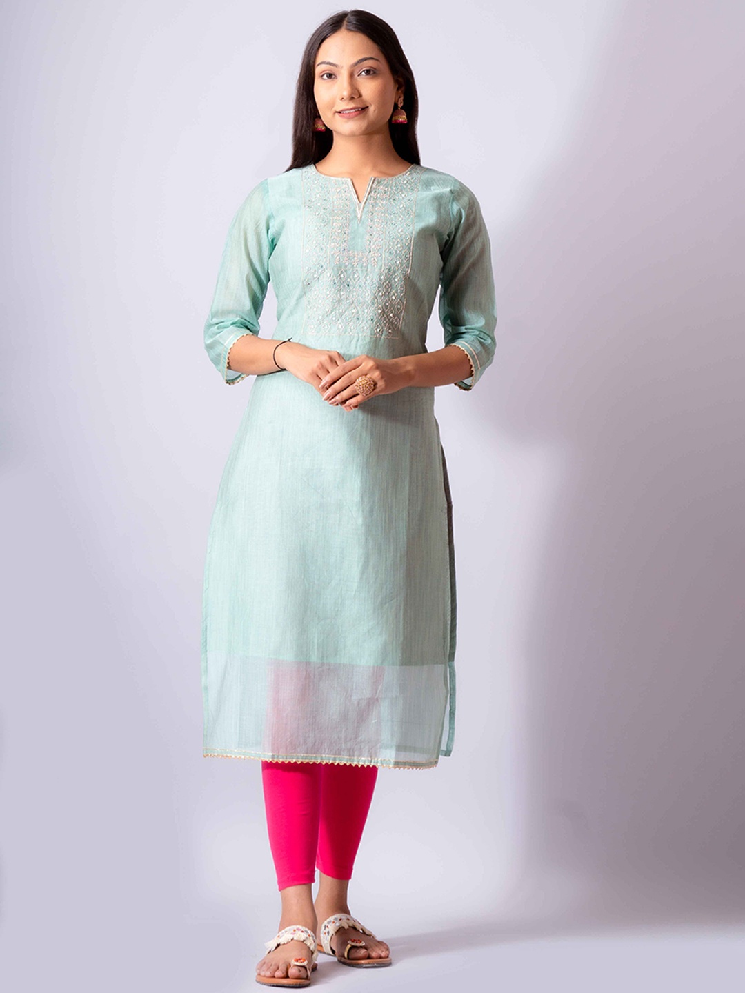 

NAYRA Yoke Design Straight Silk Kurta, Sea green