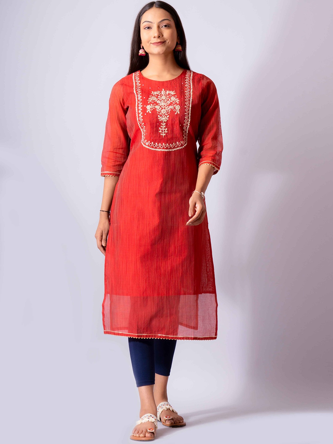 

NAYRA Floral Yoke Design Thread Work Silk Kurta, Red