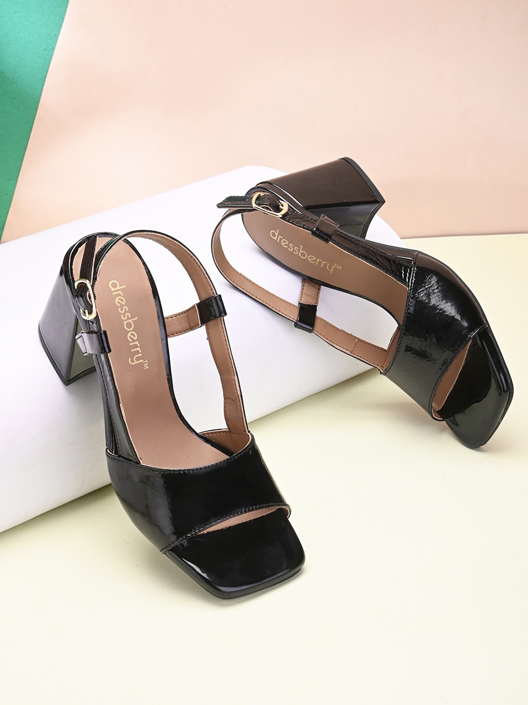 

DressBerry Black Open Toe Leather Block Heels With Backstrap