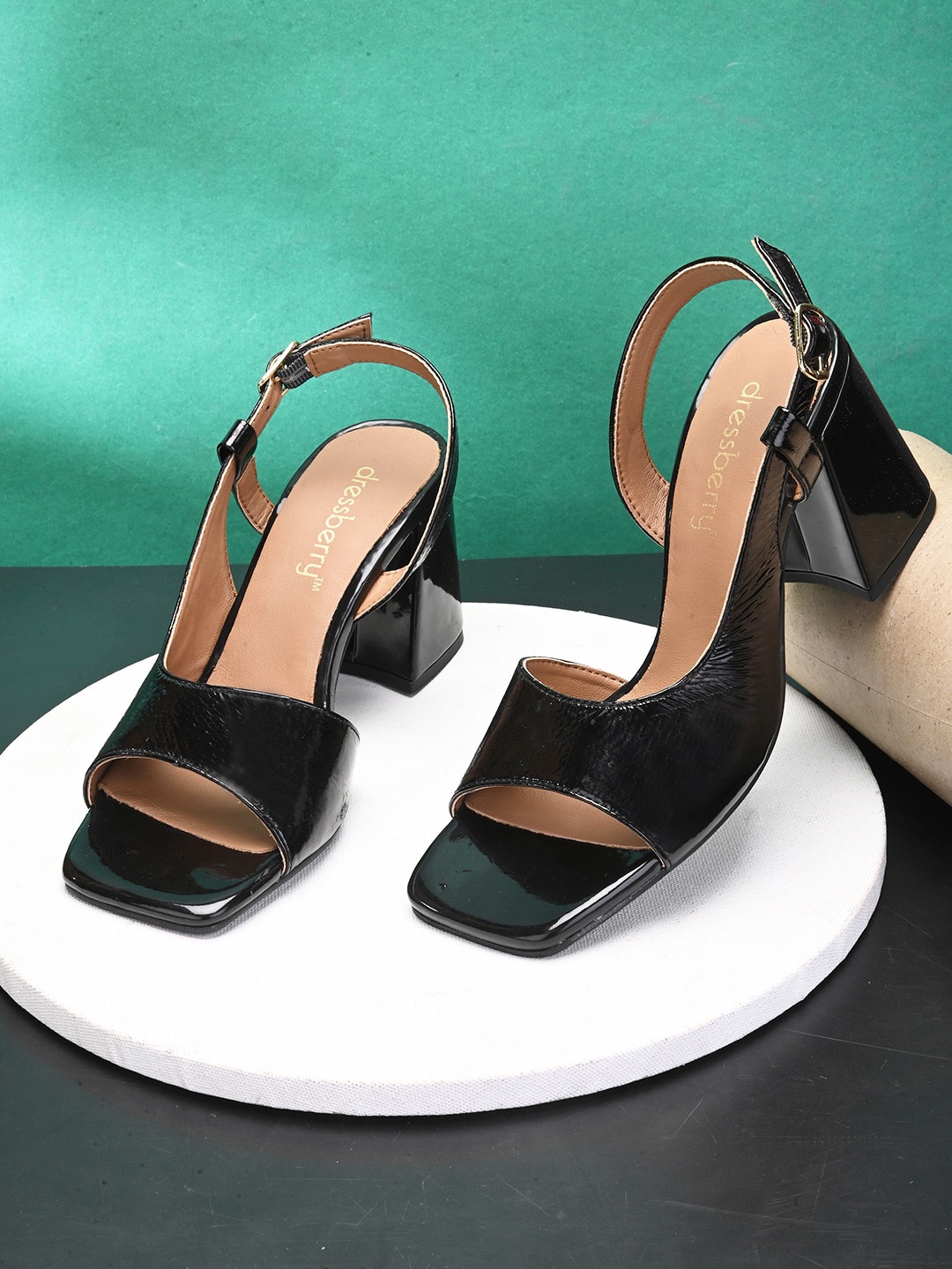 

DressBerry Black Open Toe Leather Block Heels With Backstrap