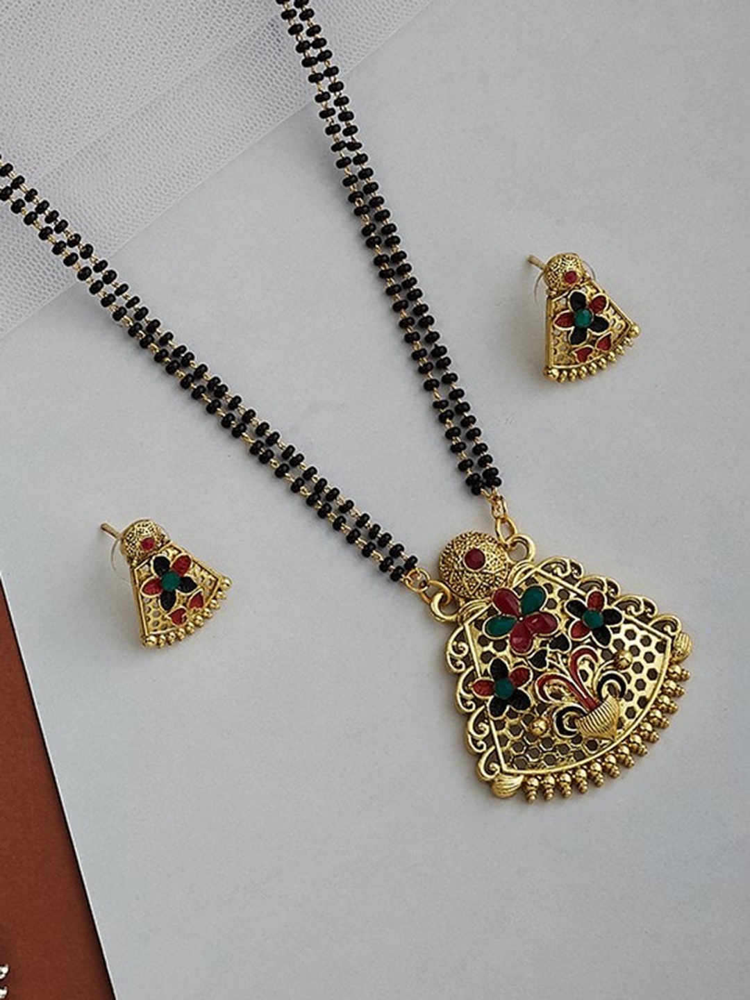 

ATIBELLE Gold-Plated Pink Stone-Studded & Beaded Mangalsutra With Earrings