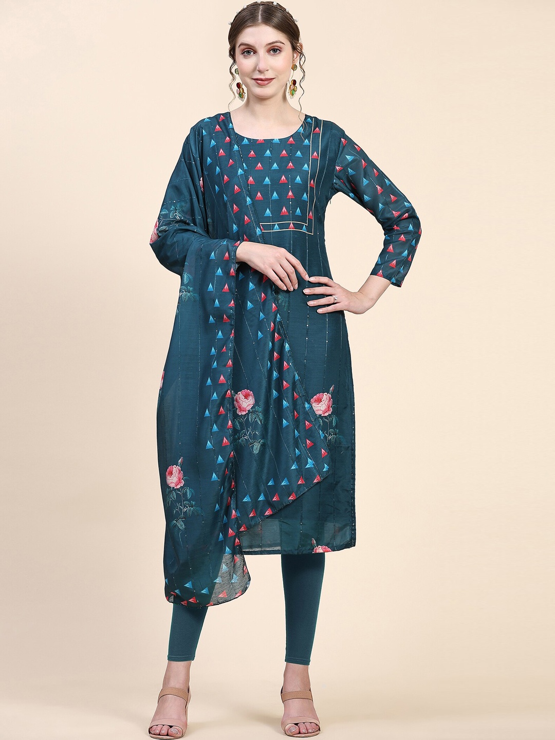 

KALINI Floral Print Sequined Silk Kurta With Dupatta, Teal