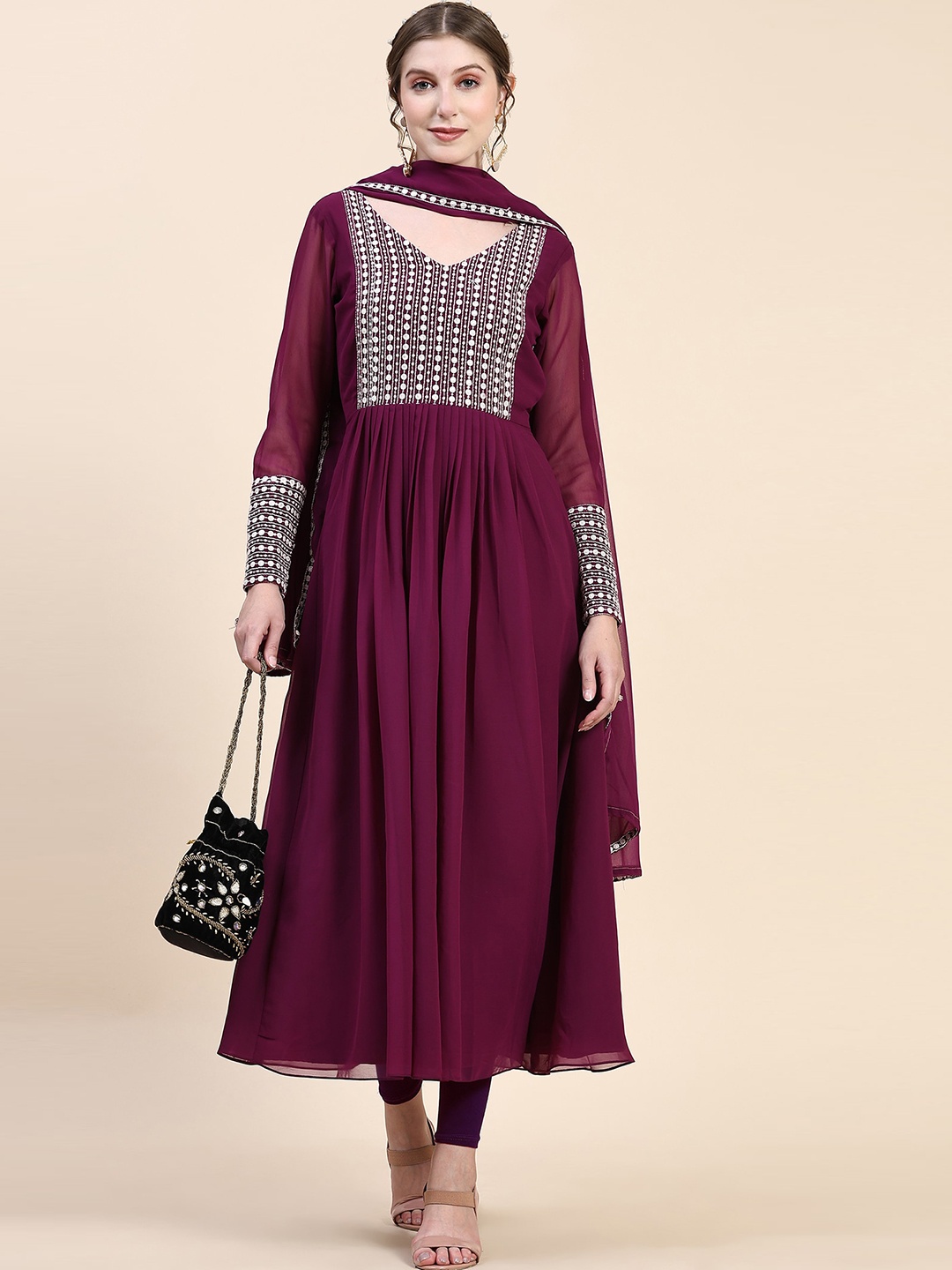 

KALINI Embroidered Anarkali Pleated Georgette Kurta With Dupatta, Burgundy