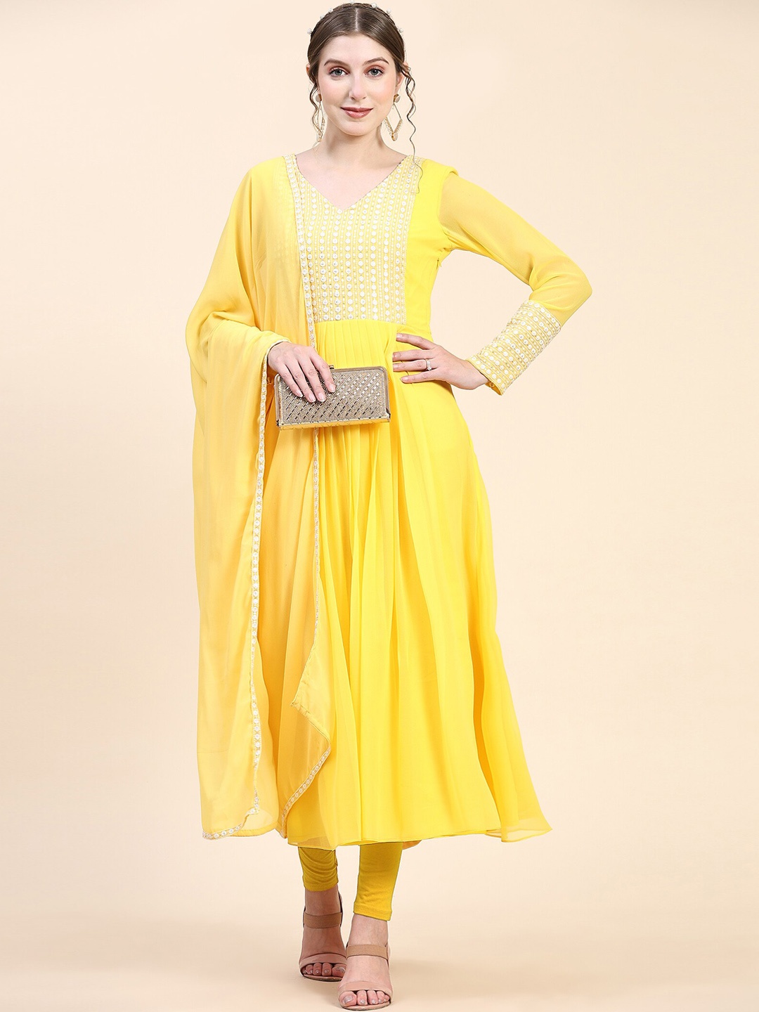 

KALINI Yoke Design Sequinned Georgette A-Line Kurta With Dupatta, Yellow