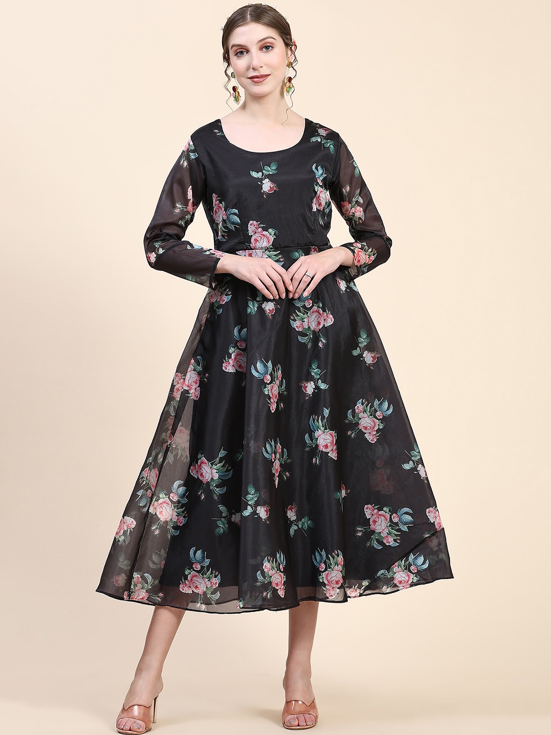 

KALINI Floral Printed Midi-Length Ethnic Dress With Dupatta, Black