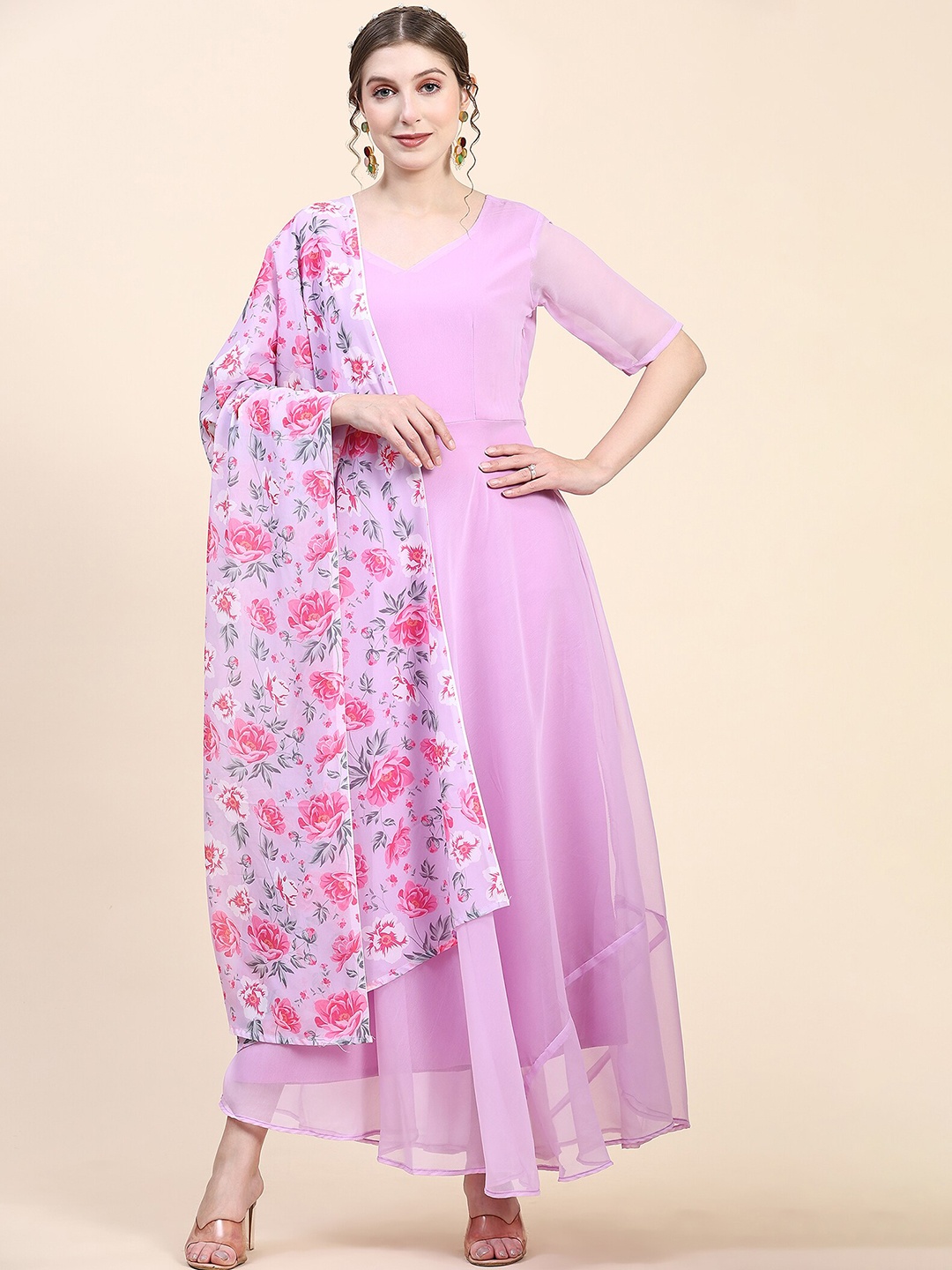 

KALINI Maxi Length Pure Georgette Ethnic Dress With Dupatta, Pink