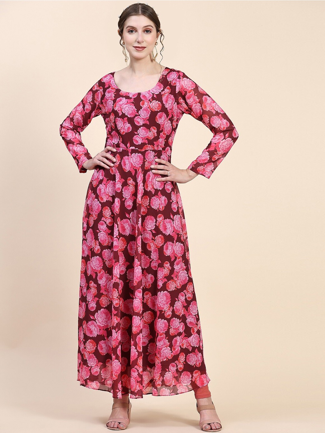 

KALINI Floral Printed Maxi Length Pure Georgette Ethnic Dress With Dupatta, Maroon