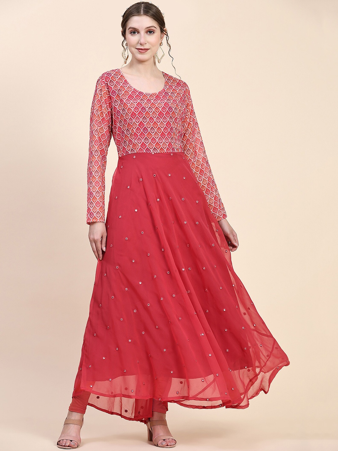

KALINI Ethnic Motif Embroidered Maxi-Length Pure Georgette Ethnic Dress With Dupatta, Red