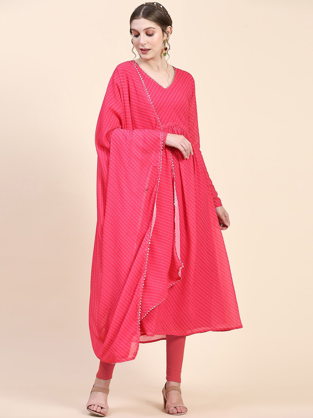 

KALINI Striped Midi-Length A-Line Pure Georgette Kurta With Dupatta Set, Pink