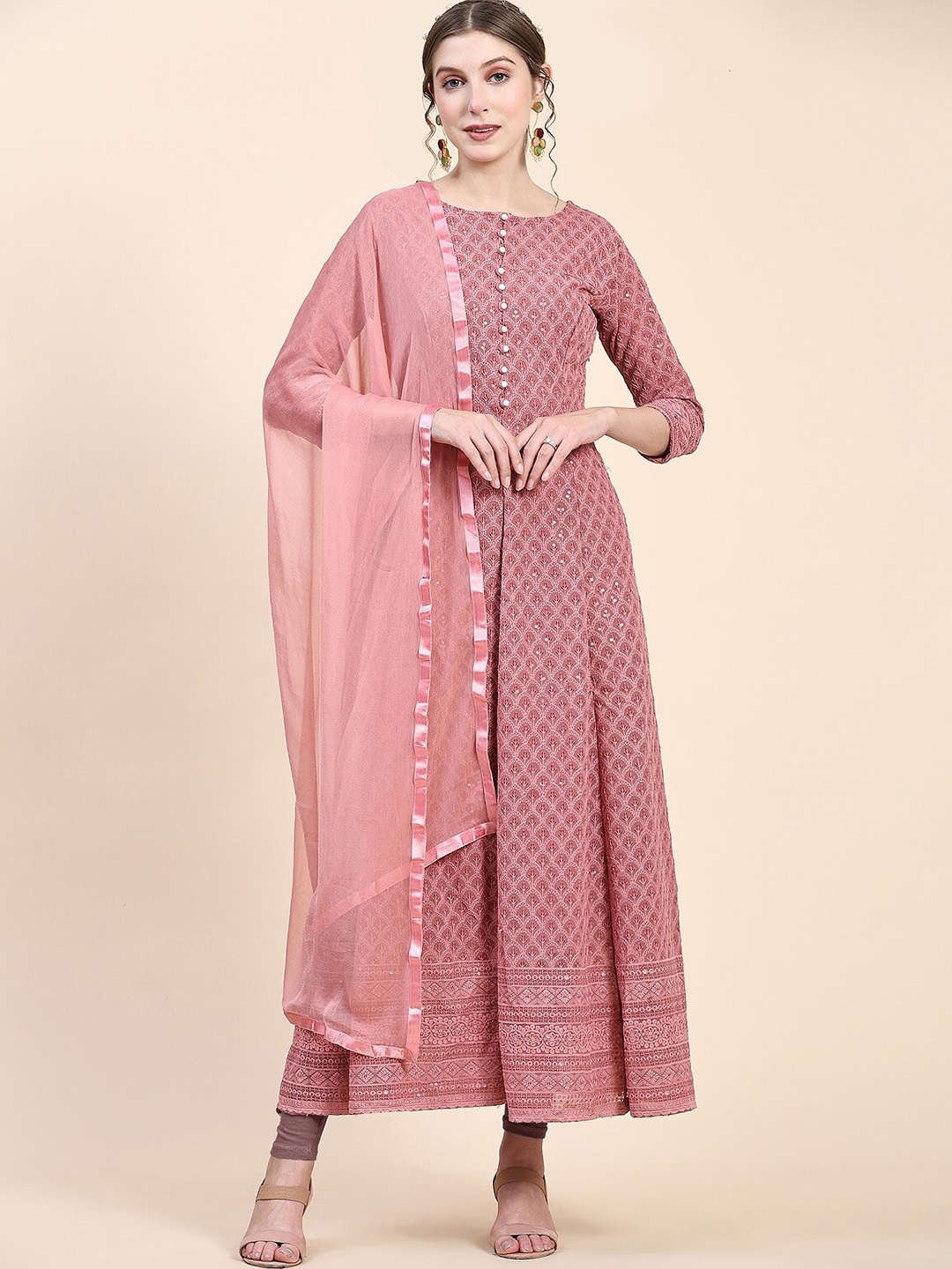 

KALINI Ethnic Motif Embroidered Midi-Length Pure Georgette Ethnic Dress With Dupatta, Pink