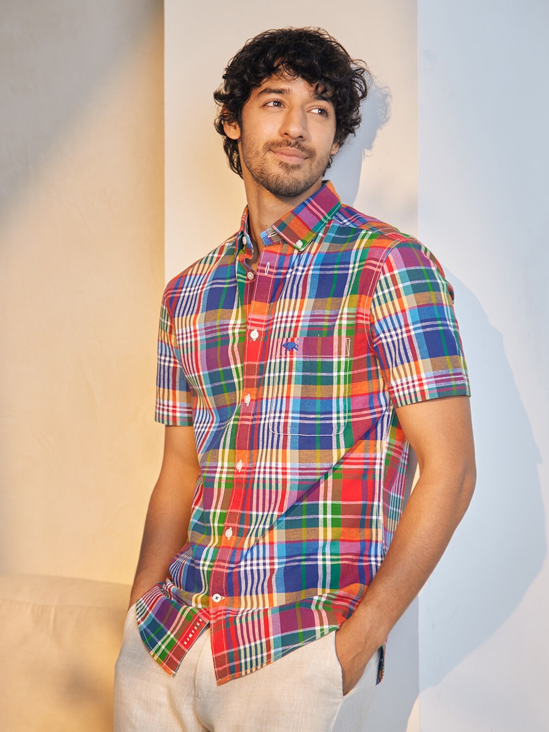

Andamen Comfort Tartan Checked Button Down Collar Cotton Slim Fit Casual Shirt, Red