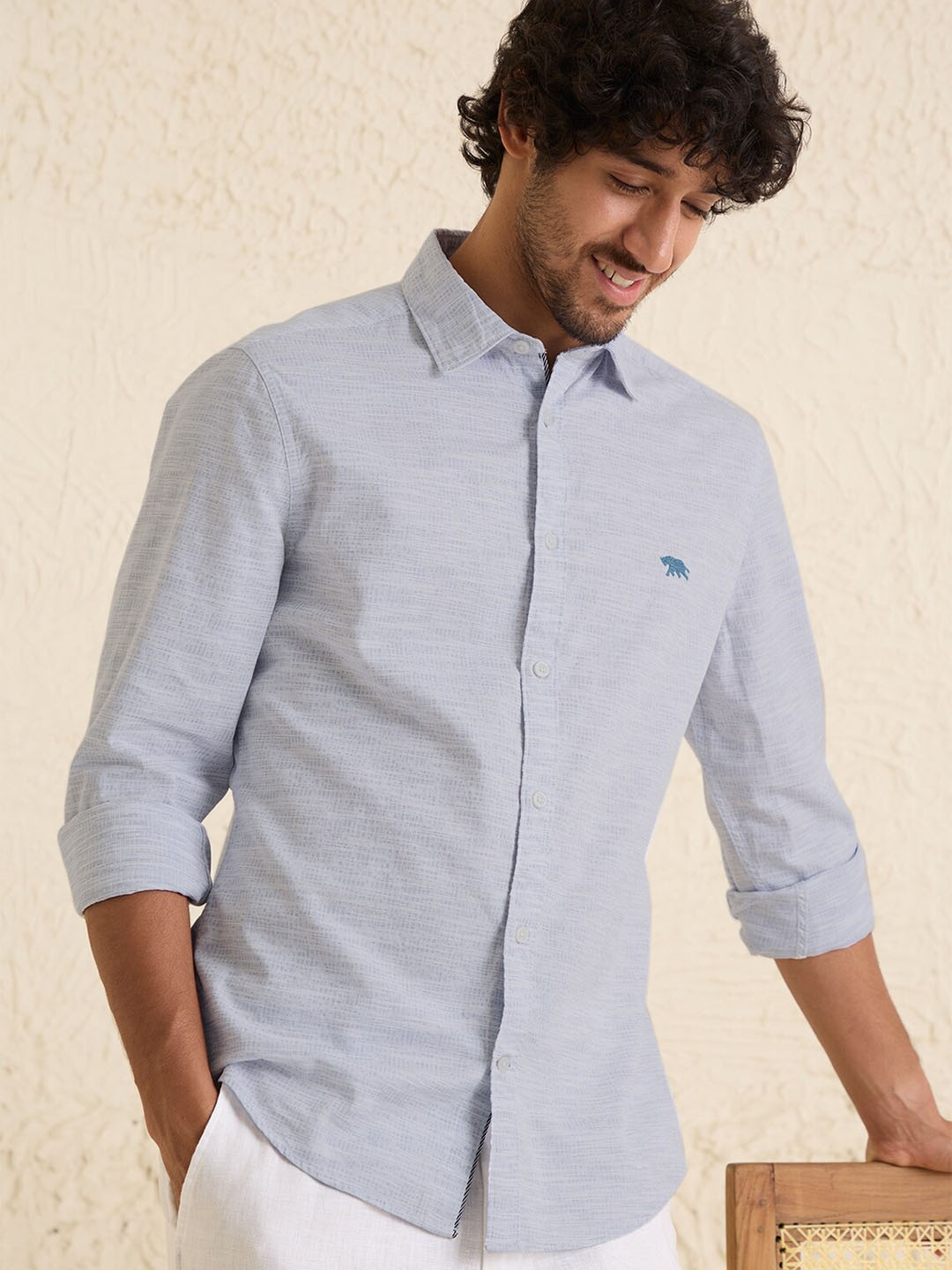 

Andamen Comfort Spread Collar Linen Casual Shirt, Blue