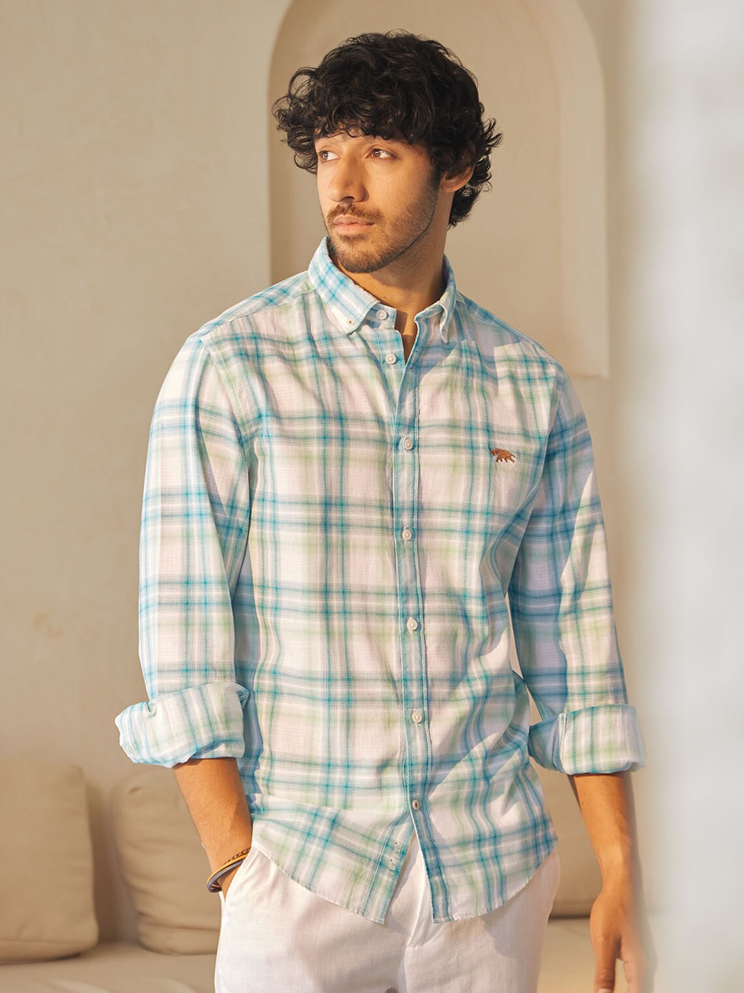 

Andamen Comfort Checked Spread Collar Slim Fit Linen Casual Shirt, Teal