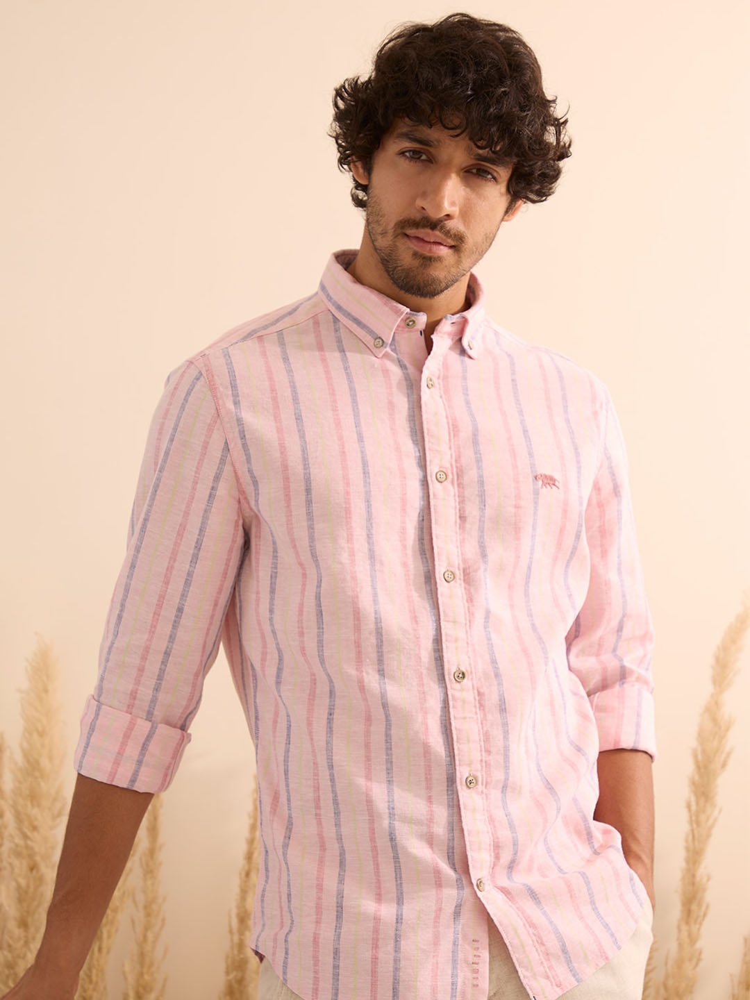 

Andamen Comfort Striped Spread Collar Slim Fit Cotton Casual Shirt, Pink