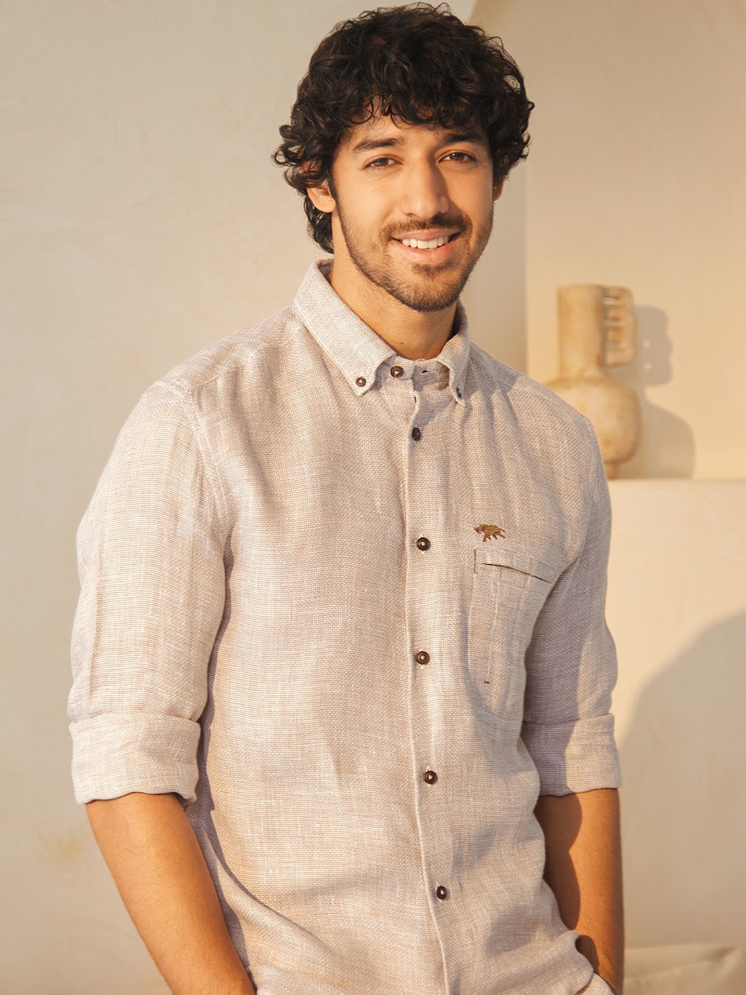 

Andamen Comfort Spread Collar Slim Fit Linen Casual Shirt, Khaki