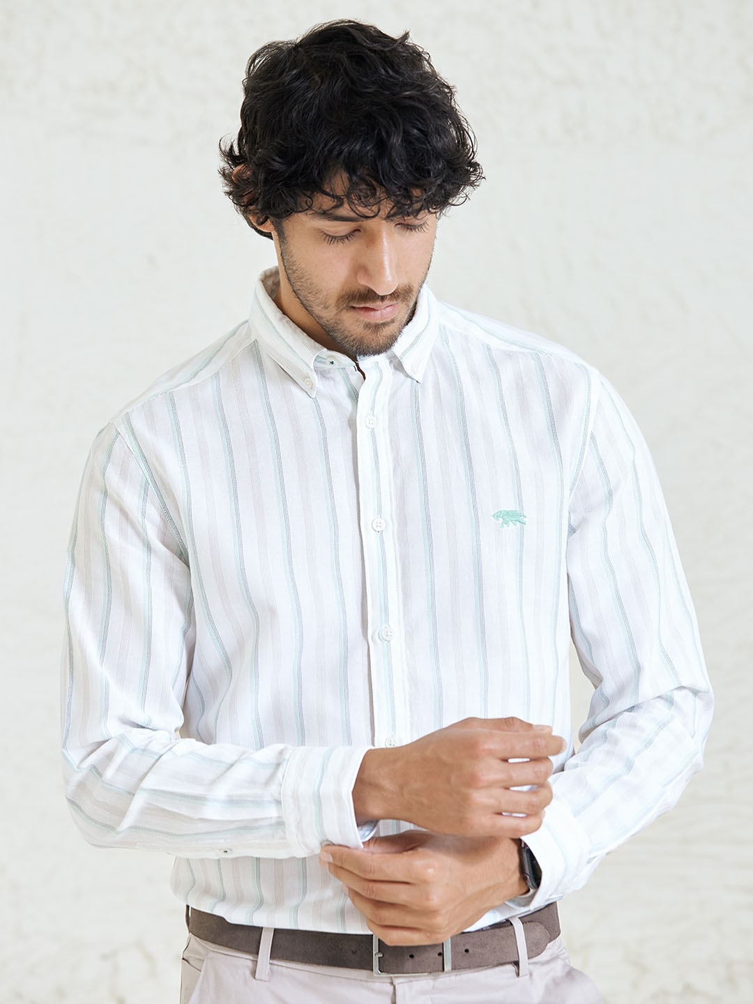 

Andamen Comfort Striped Spread Collar Slim Fit Cotton Casual Shirt, Green
