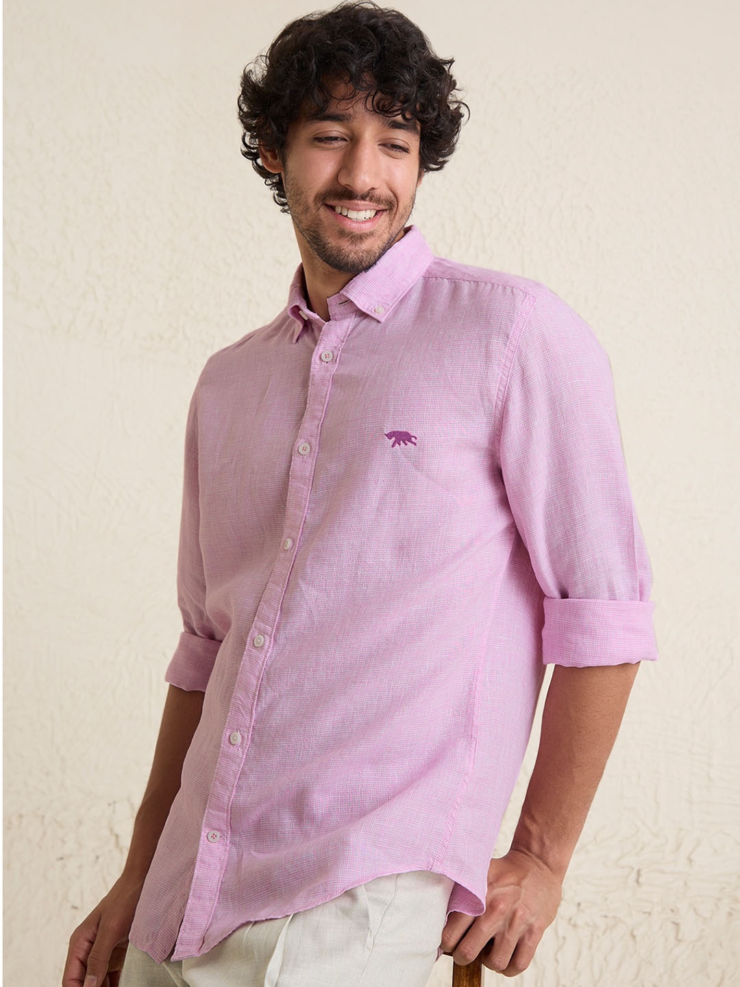 

Andamen Comfort Spread Collar Slim Fit Linen Casual Shirt, Pink