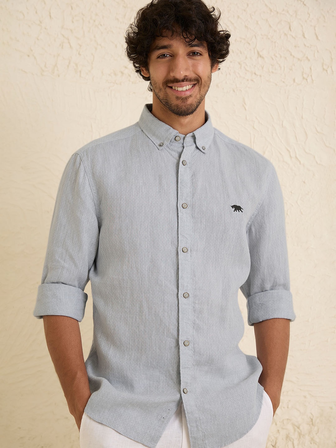 

Andamen Comfort Spread Collar Slim Fit Linen Casual Shirt, Grey