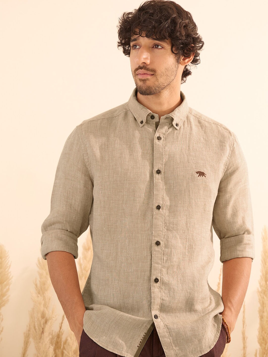 

Andamen Comfort Spread Collar Slim Fit Linen Casual Shirt, Brown