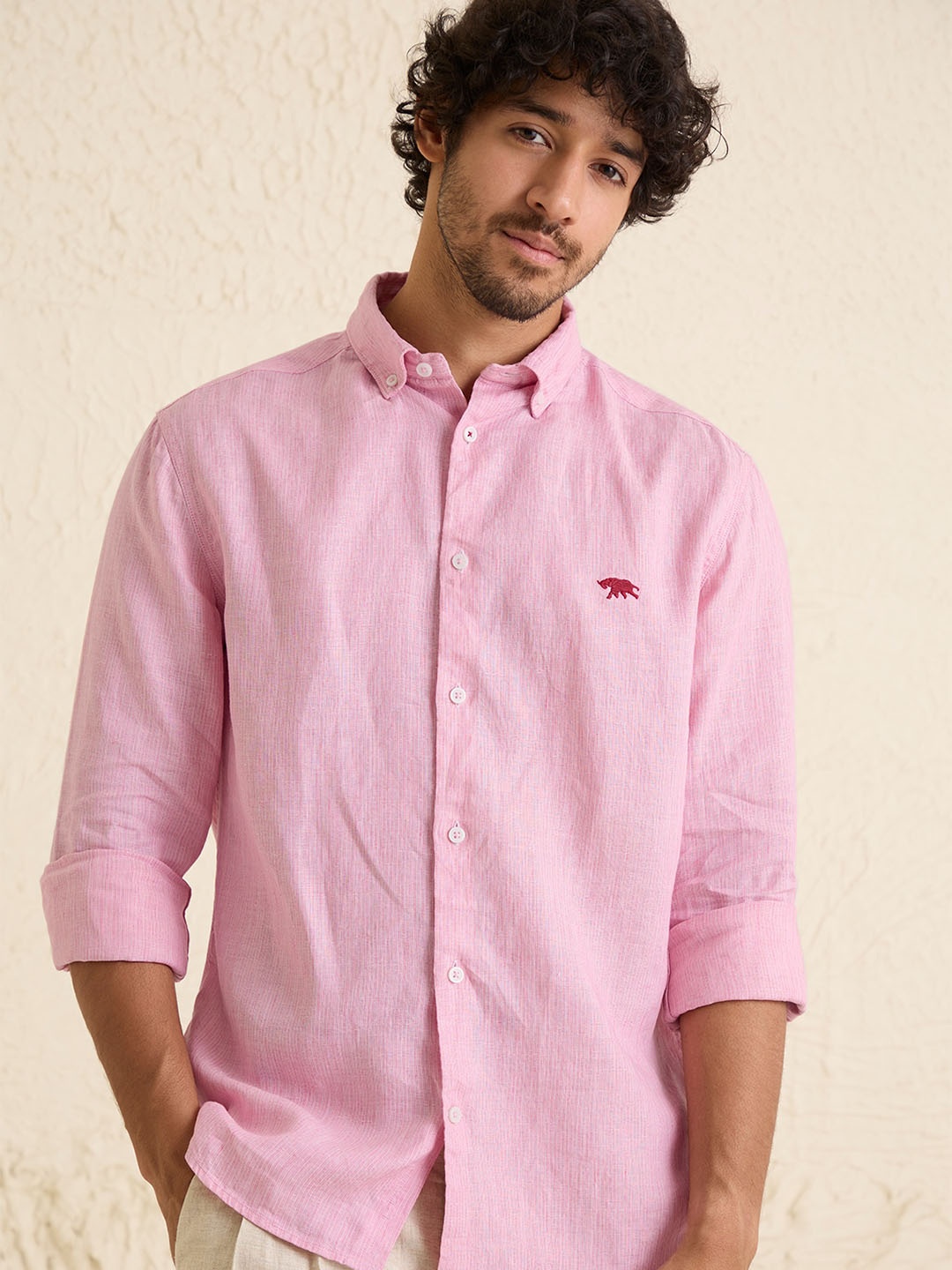

Andamen Comfort Spread Collar Slim Fit Linen Casual Shirt, Pink