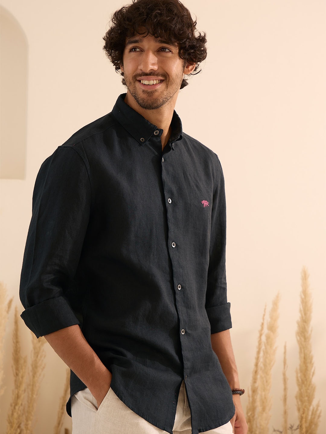 

Andamen Comfort Button Down Collar Linen Casual Shirt, Black