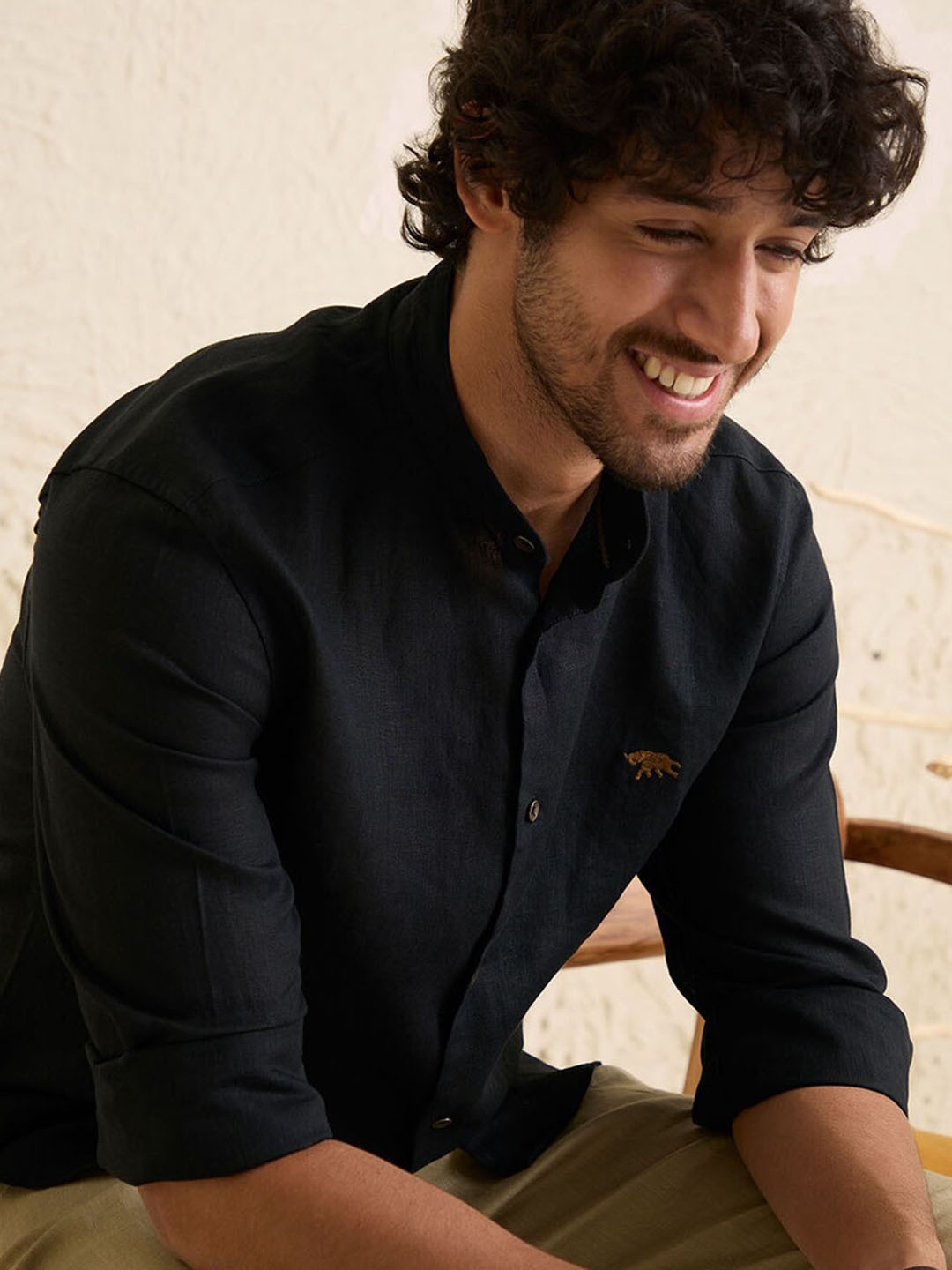 

Andamen Comfort Mandarin Collar Linen Casual Shirt, Black