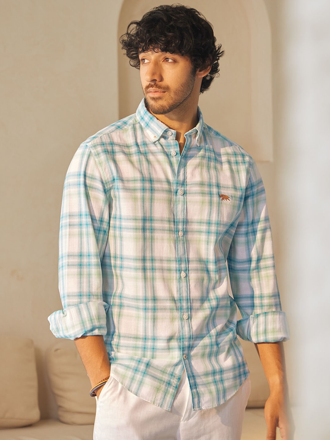 

Andamen Comfort Tartan Checked Linen Casual Shirt, Teal
