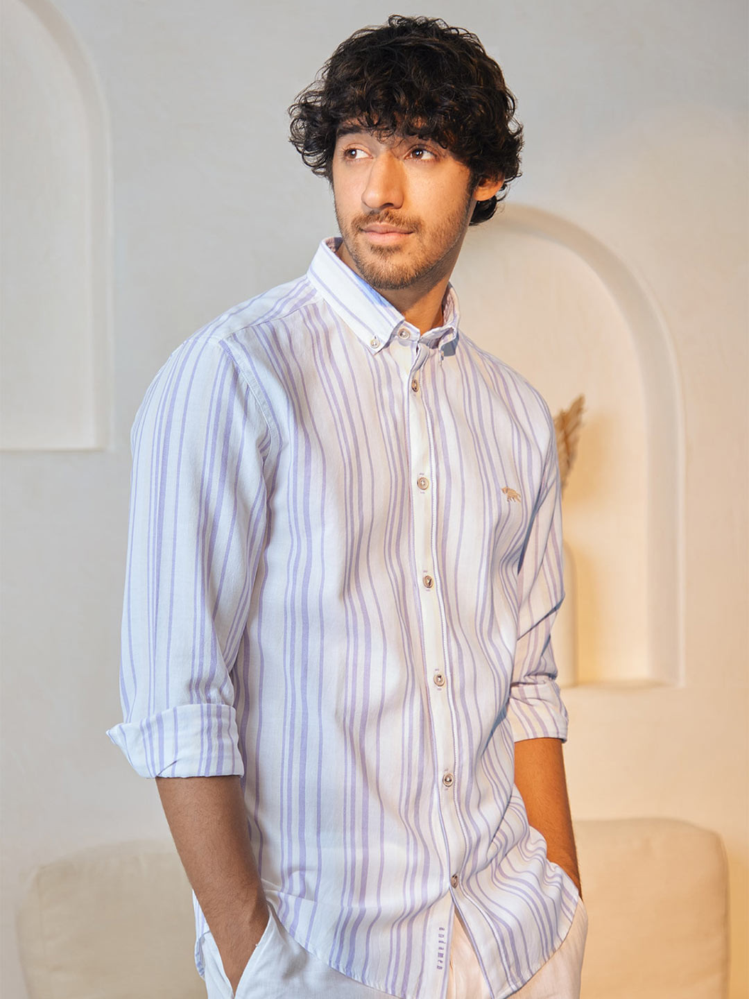 

Andamen Comfort Vertical Striped Cotton Shirt, Blue