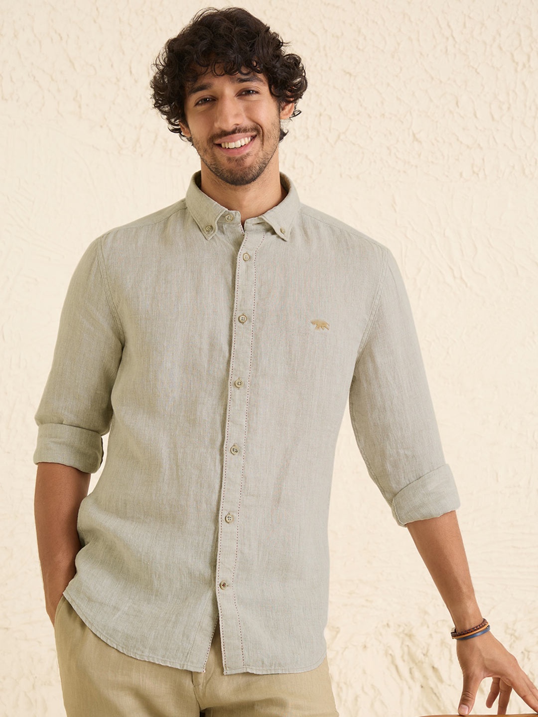 

Andamen Comfort Button-Down Collar Linen Shirt, Khaki