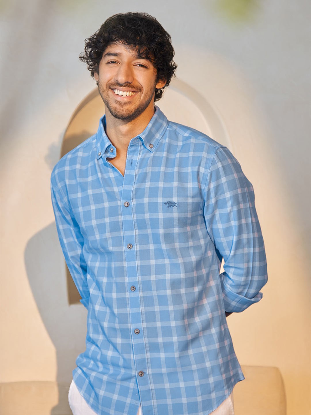 

Andamen Comfort Tartan Checked Cotton Shirt, Blue