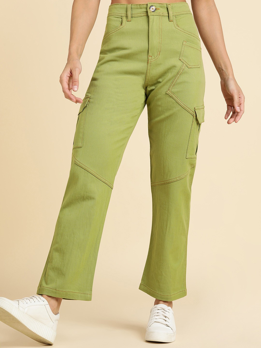 

MONTREZ Women Comfort Straight Fit Cotton Cargo Trousers, Green