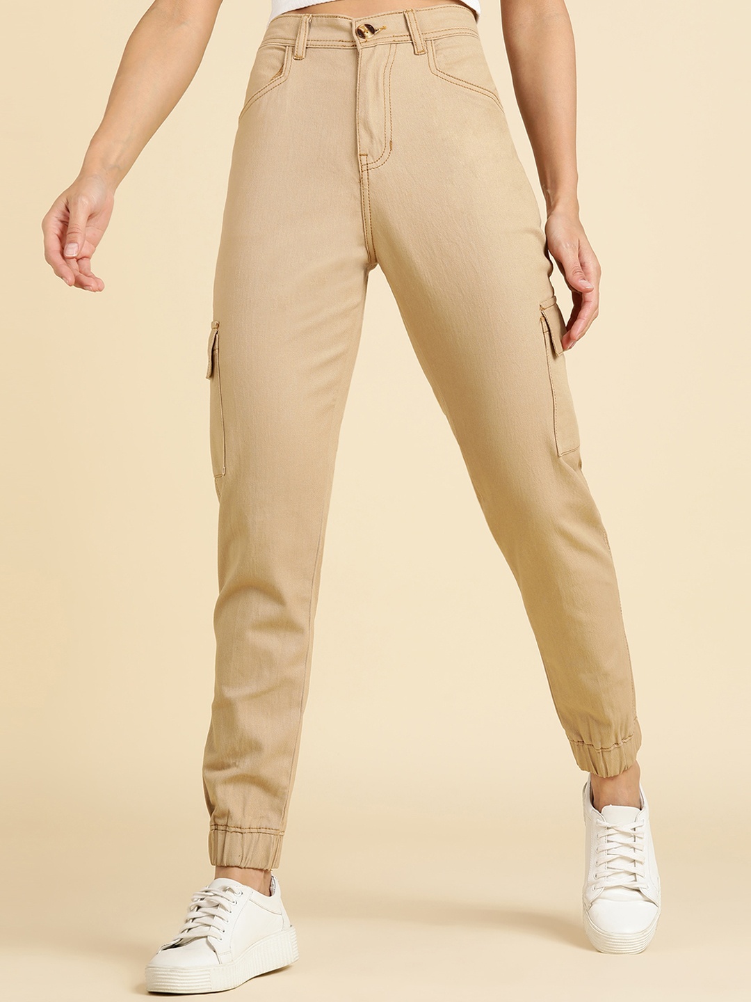 

MONTREZ Women Mid-Rise Comfort Jogger Fit Trousers, Khaki