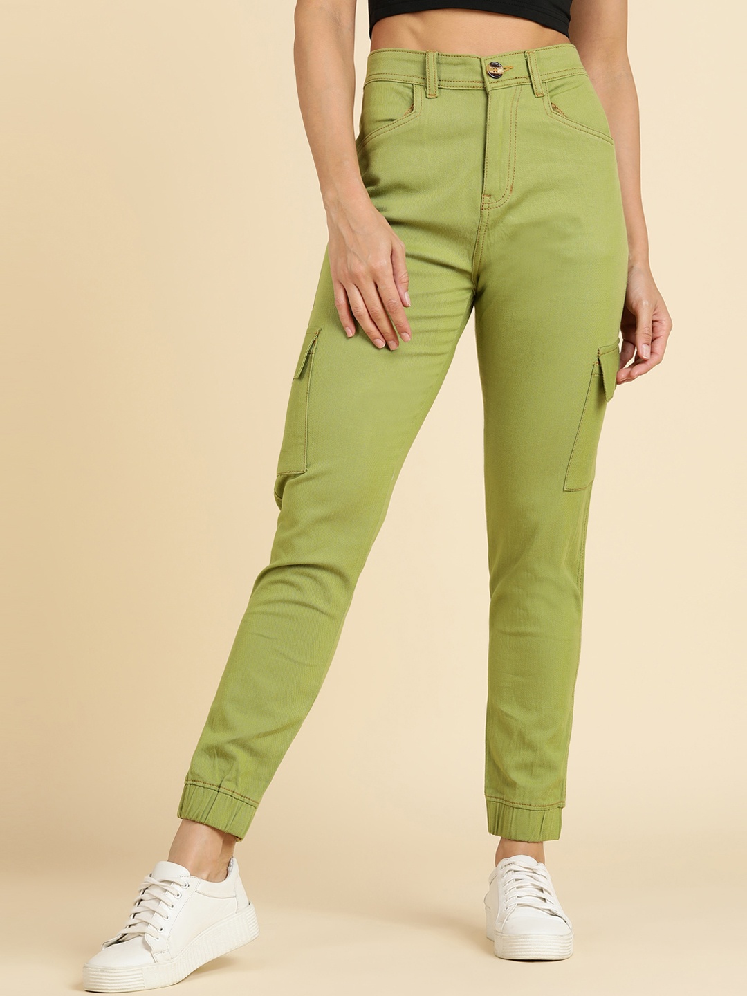 

MONTREZ Women Comfort Mid-Rise Cotton Cargos Trousers, Green