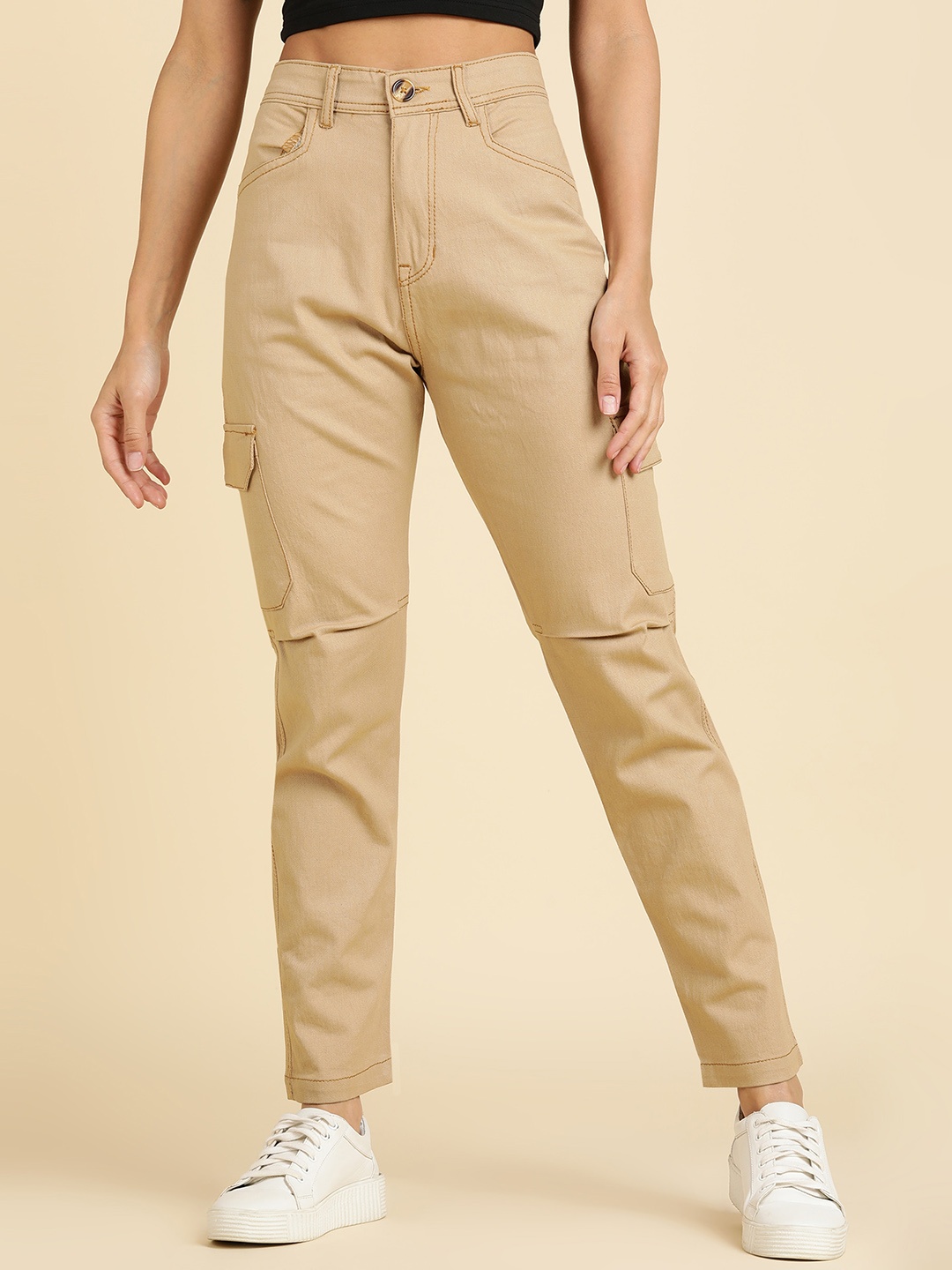 

MONTREZ Women Comfort Regular Fit High-Rise Cotton Cargo Trousers, Khaki