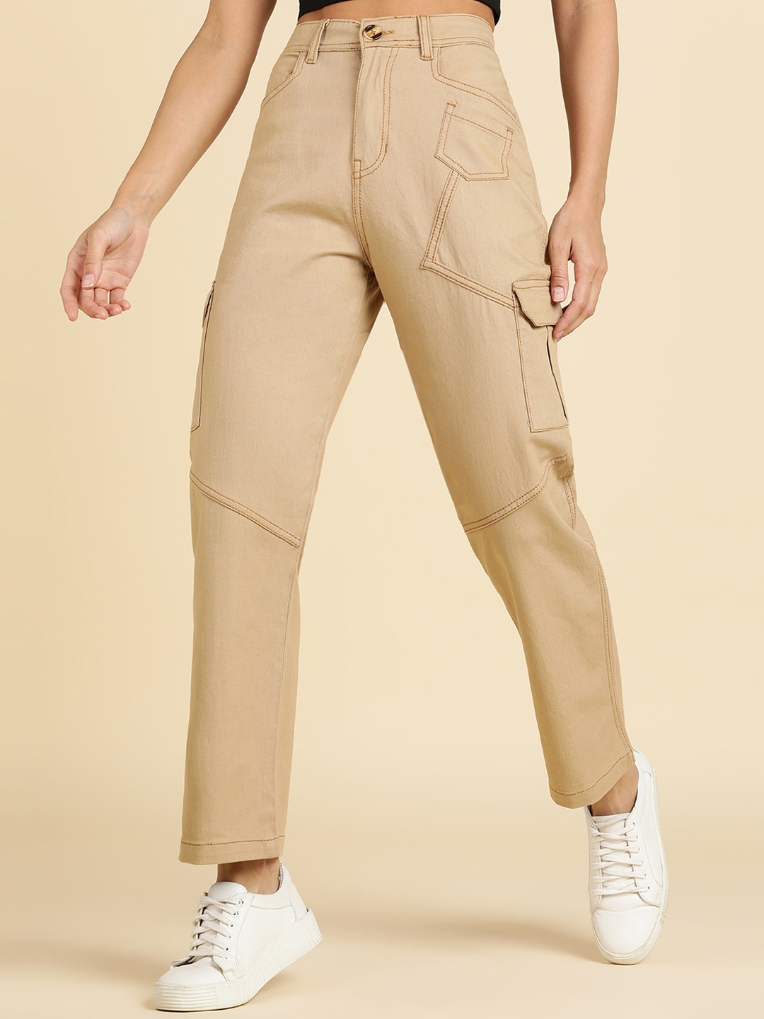 

MONTREZ Women Comfort Straight Fit Cotton Cargos Trousers, Khaki