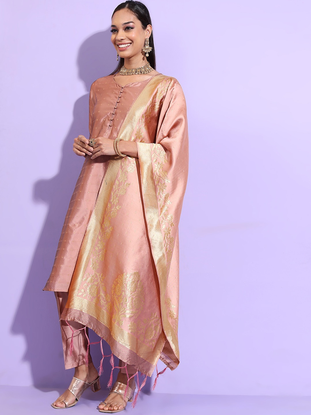 

Vishudh Peach Floral Woven Design Regular Kurta With Trousers & Dupatta