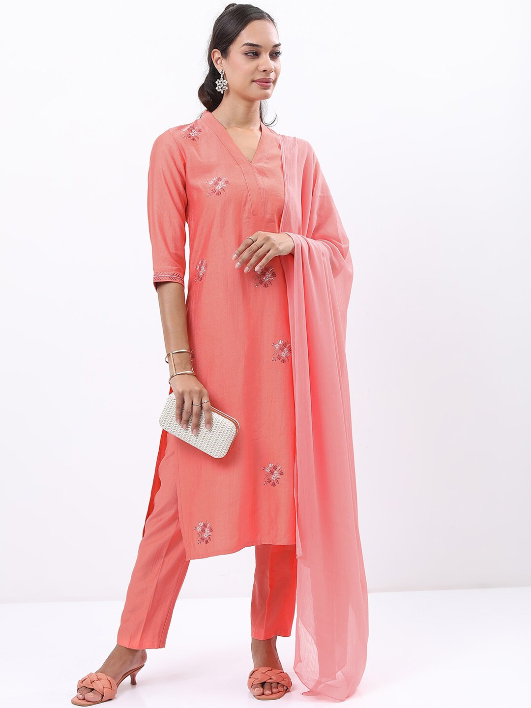 

Vishudh Coral Floral Embroidered V-Neck Kurta With Trousers & Dupatta