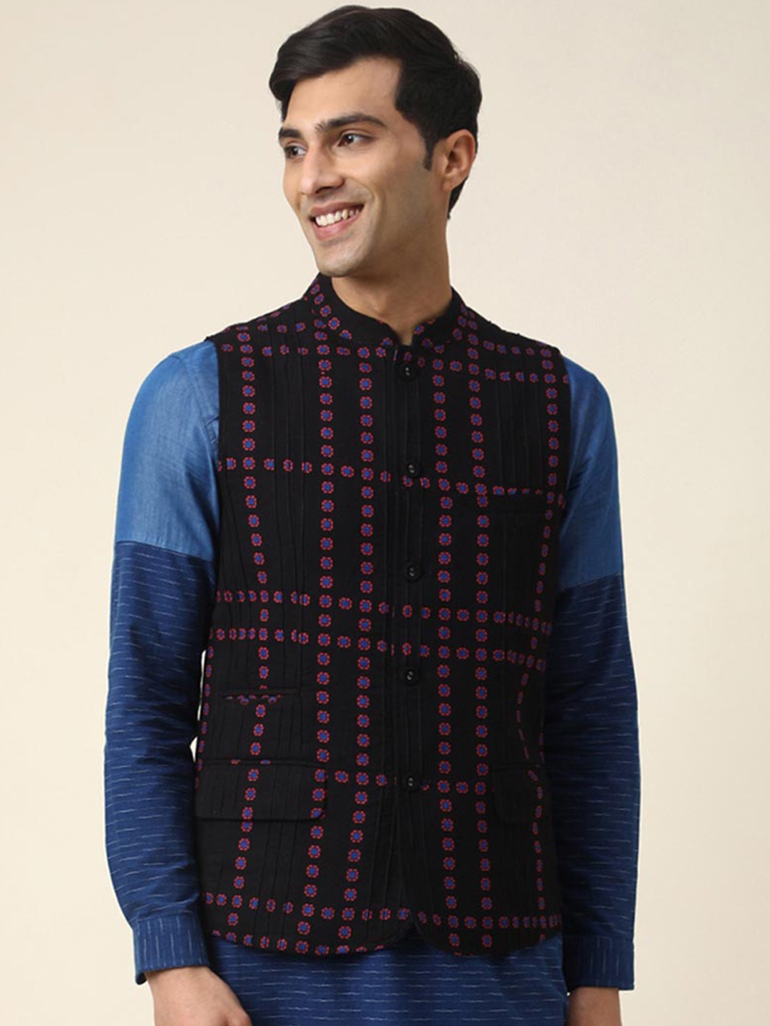 

Fabindia Mandarin Collar Printed Straight Pure Cotton Kurta with Churidar & Jacket, Black