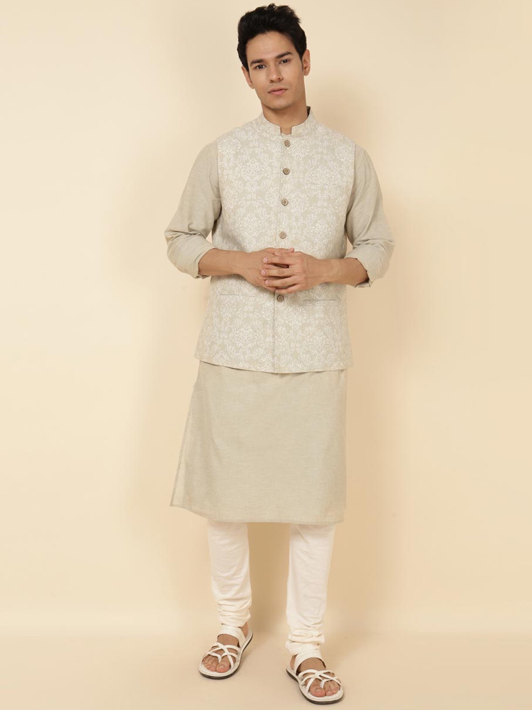 

Fabindia Band Collar Pure Cotton Kurta with Churidar, Beige