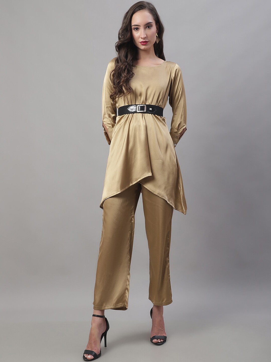 

JAINISH Women Satin Top And Palazzo With Belt, Gold