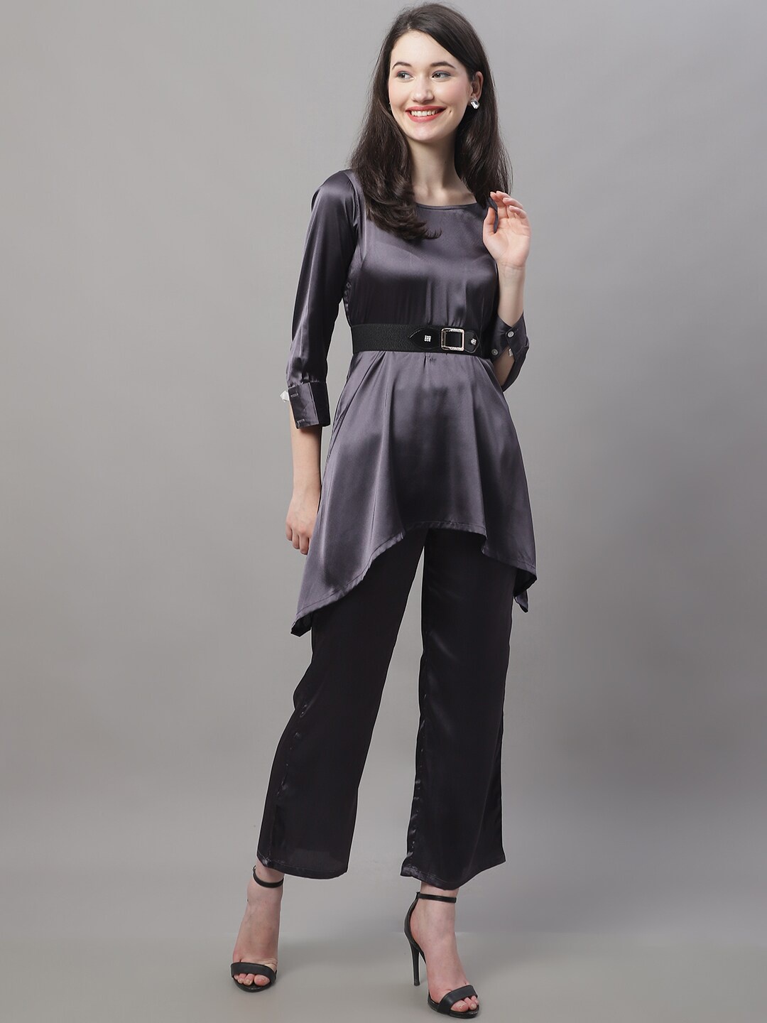 

JAINISH Women Satin Top And Palazzo With Belt, Charcoal